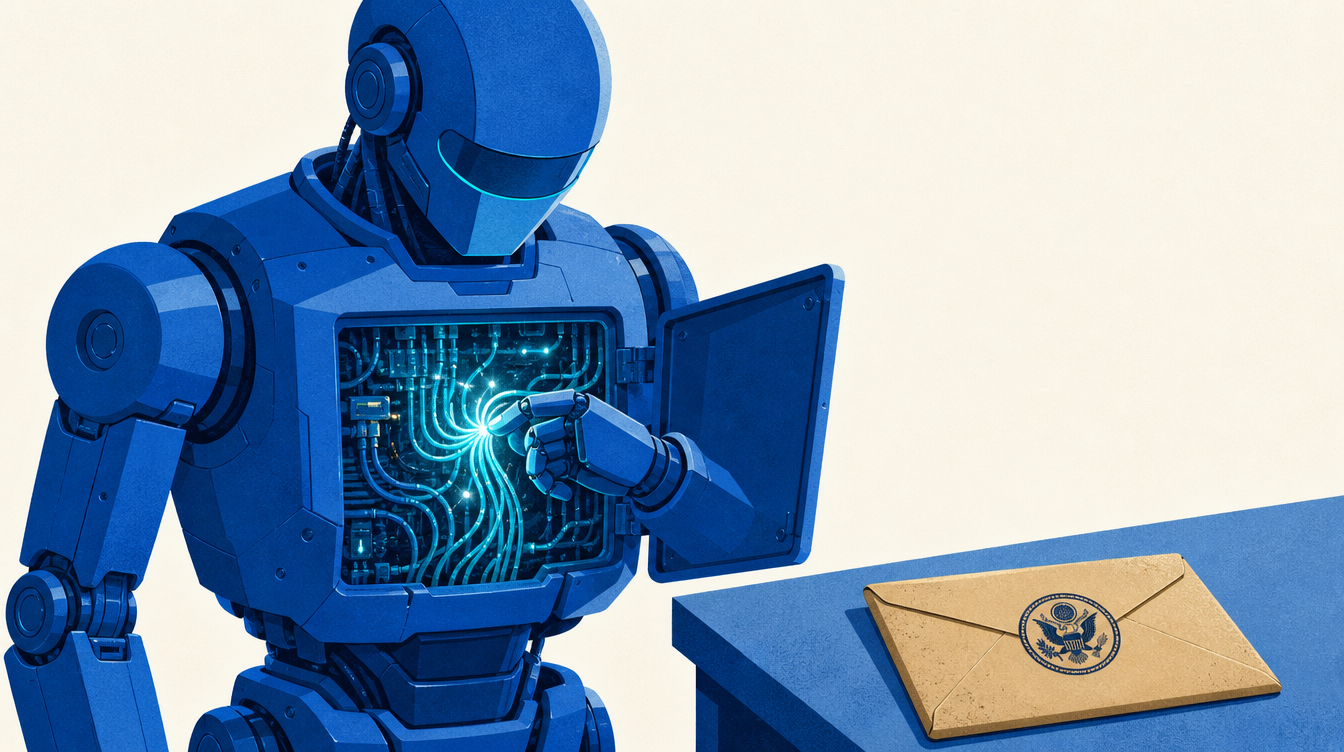 Editorial illustration of a machine reaching into its own open panel to rewire itself while a sealed government envelope sits unopened beside it