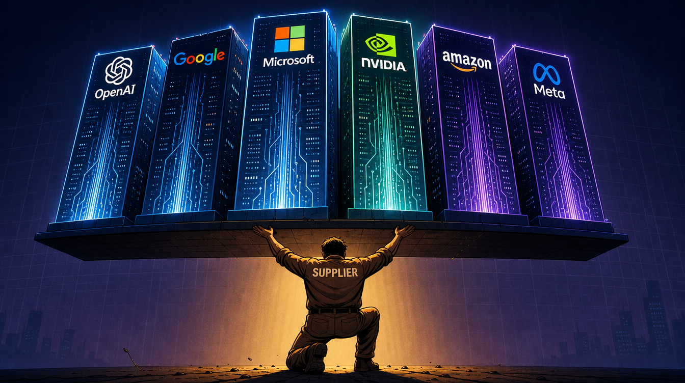 Editorial illustration of a single supplier figure holding up a row of AI company towers from underneath