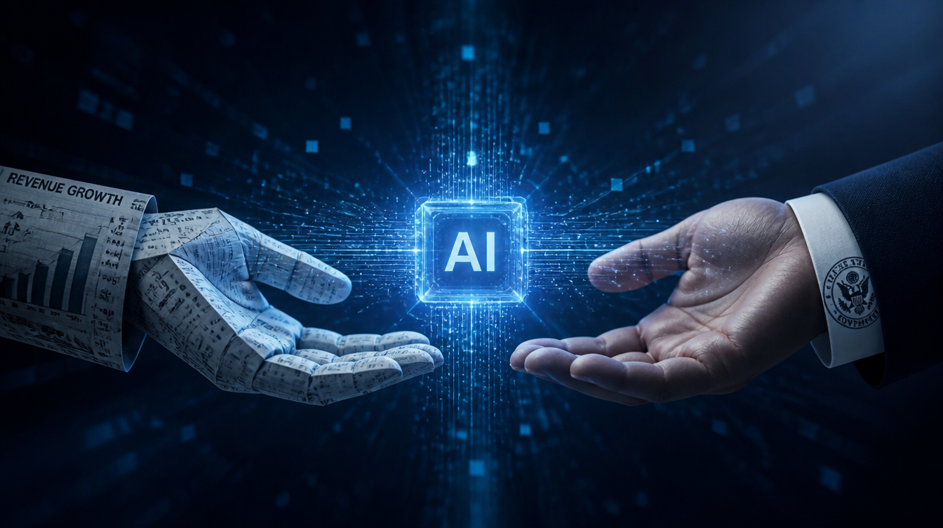 Editorial illustration of a glowing AI core held between two giant hands, one made of money, one wearing a government seal