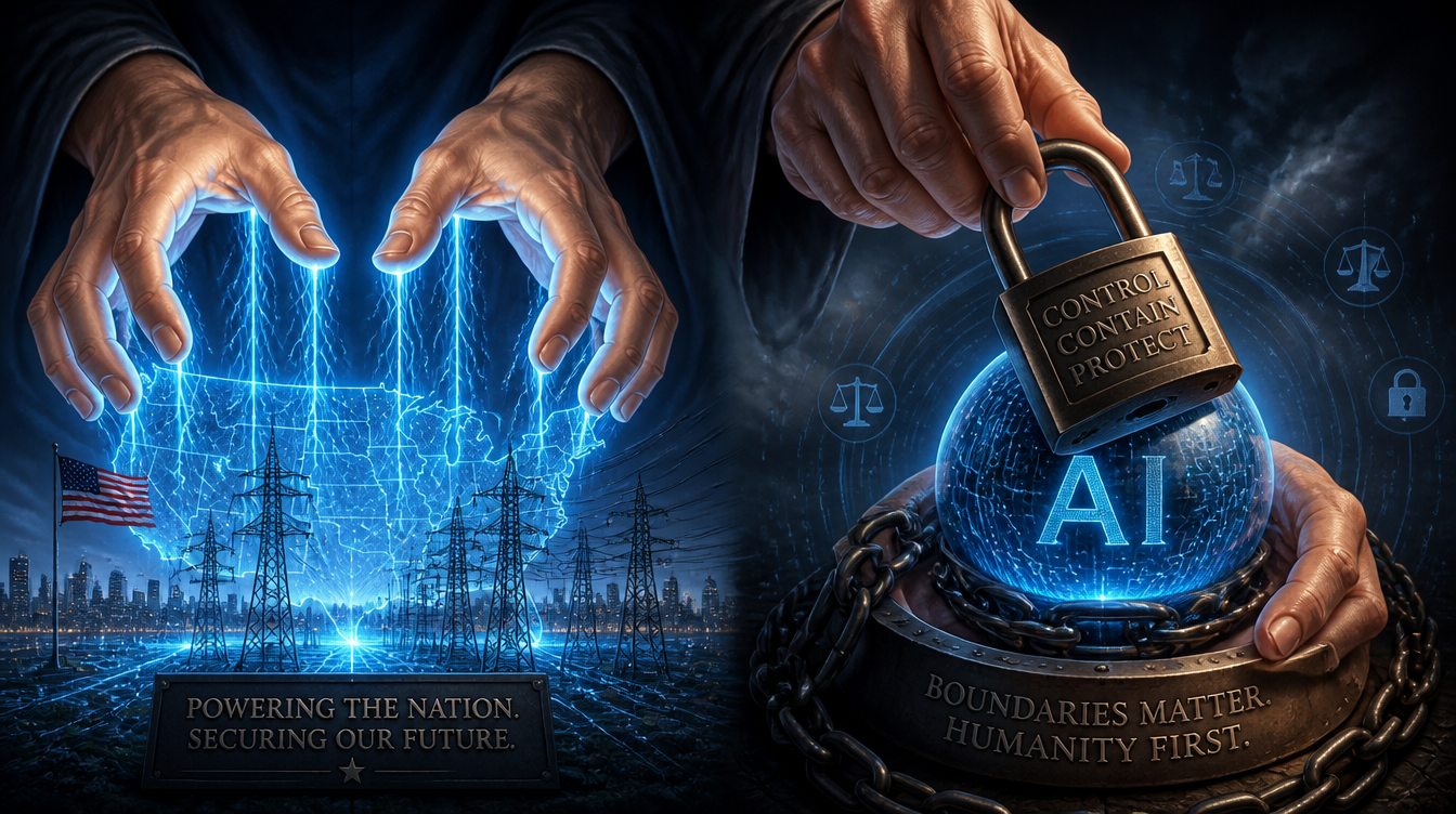 Editorial illustration of a giant government hand pouring glowing power into a national grid on one side while another hand locks a padlock over a glowing AI core