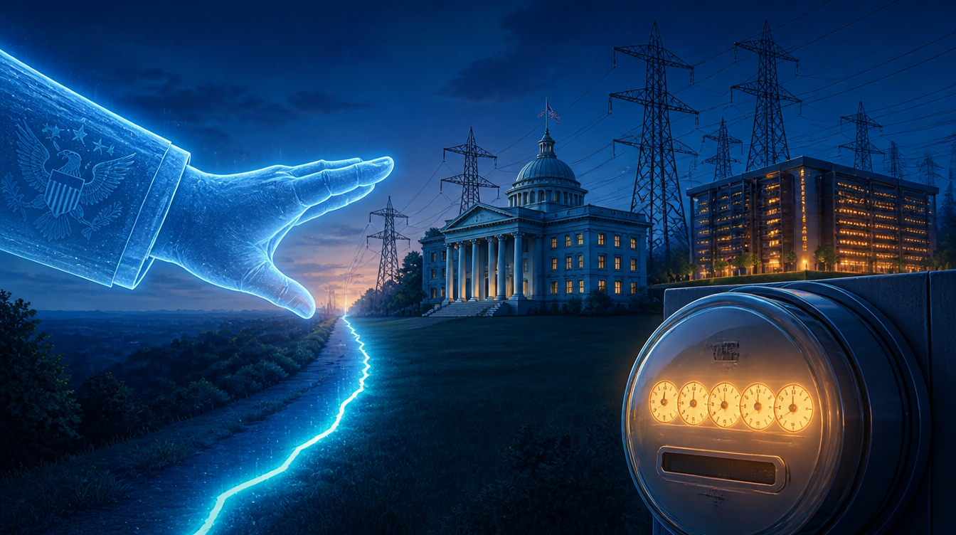 Editorial illustration of the North Carolina legislative building with transmission lines and a data center, a federal hand reaching toward the grid but stopping at the state border, a household power meter in the foreground