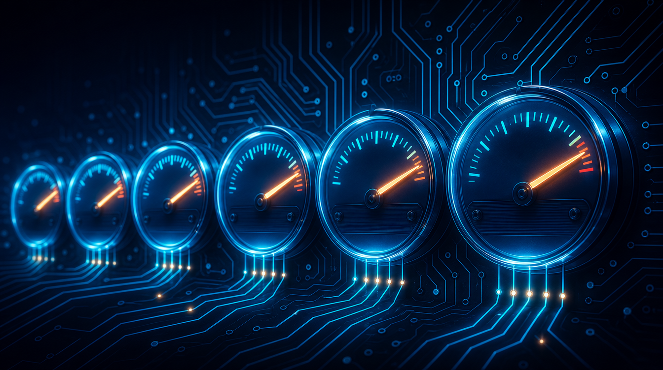 Editorial illustration of glowing utility meters wired into AI circuitry, dials spinning up
