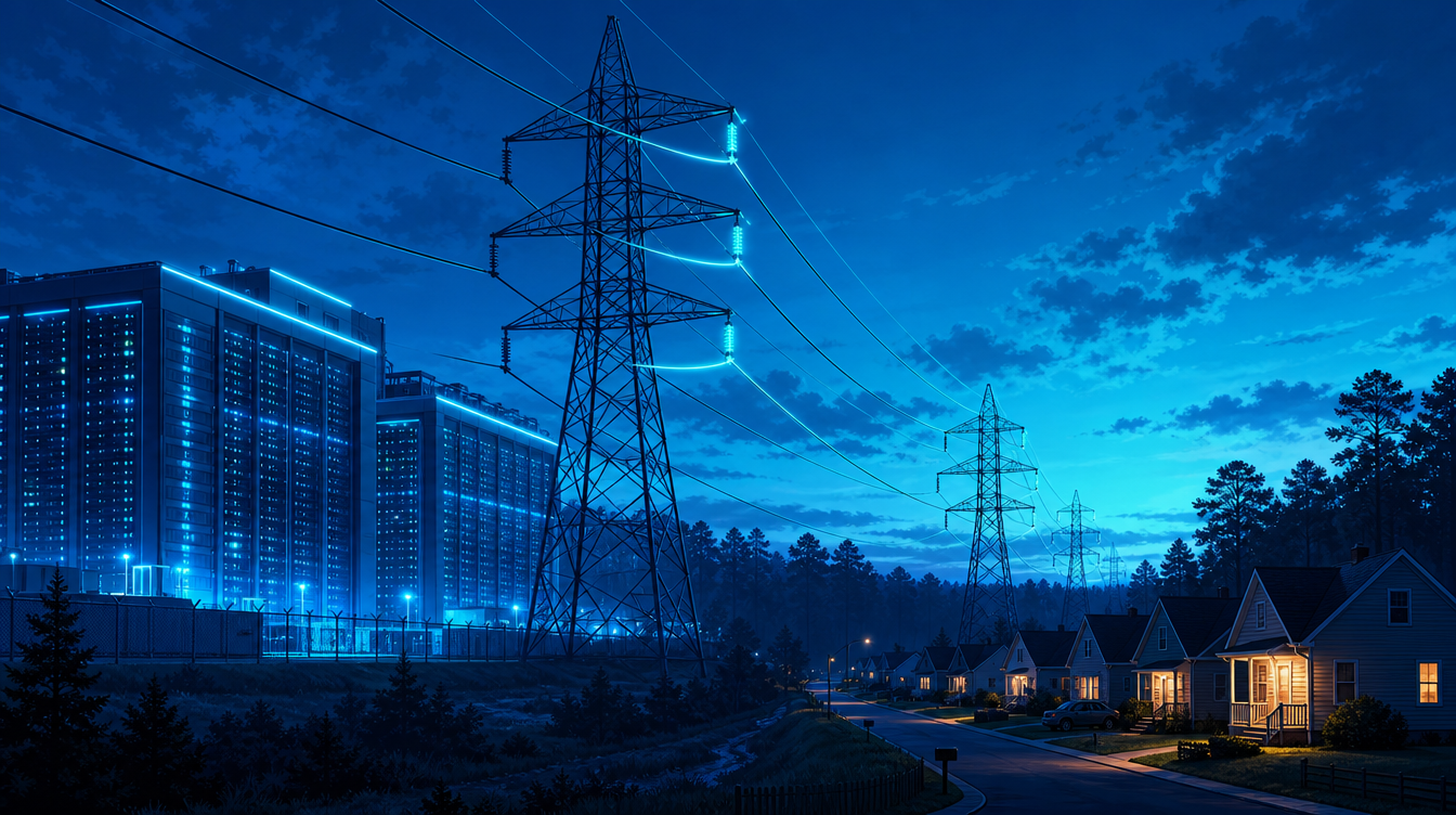 Editorial illustration of a data center beside North Carolina power lines and a residential street