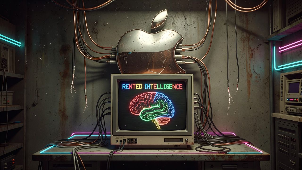 Editorial illustration of an Apple-style logo plugged into a Google-colored brain, rented intelligence