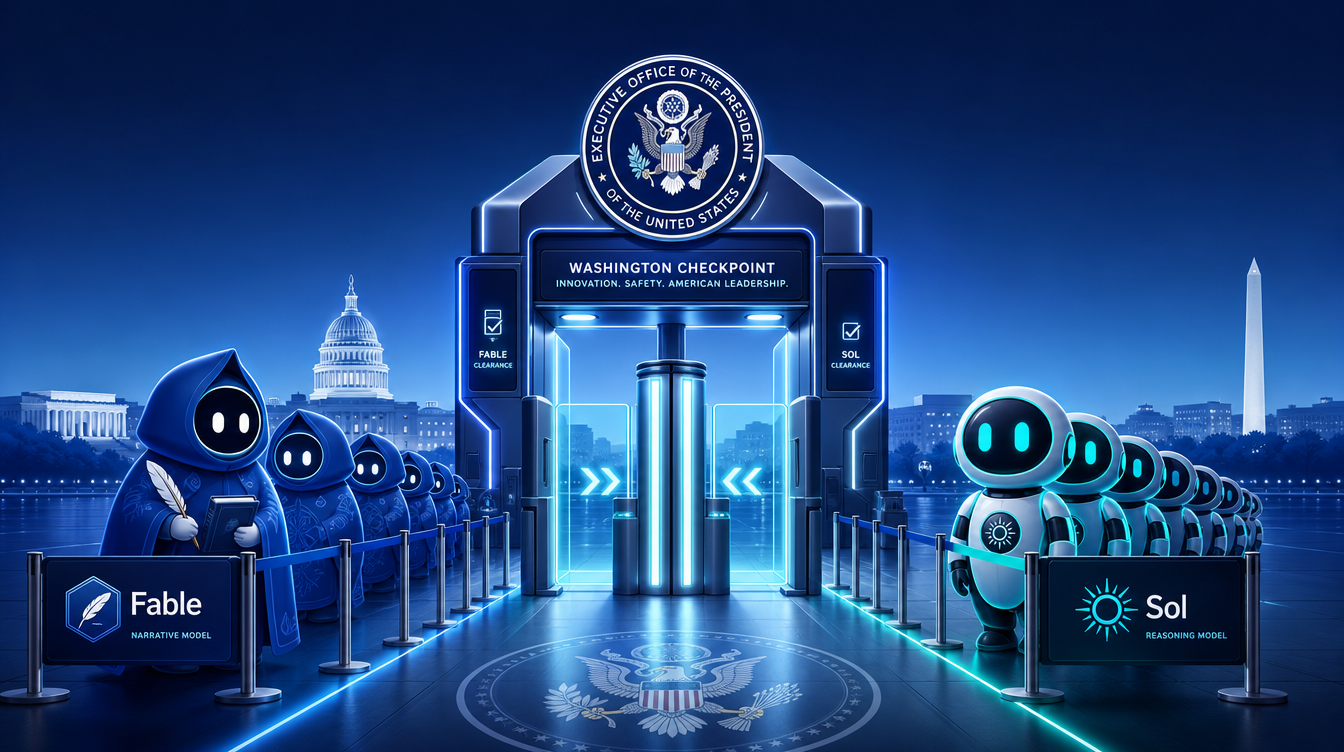 Editorial illustration of a glowing AI model icon passing through a checkpoint gate marked with a government seal, two separate lines of AI labs waiting to pass through