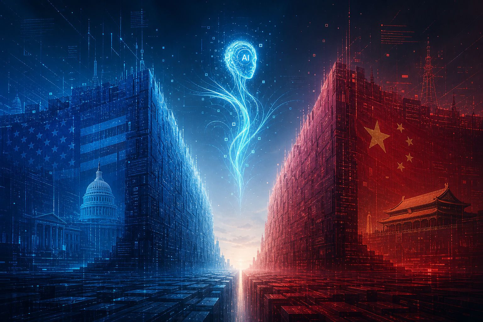 Editorial illustration of walls rising on both sides of a digital landscape while an AI agent moves freely through the gap between them