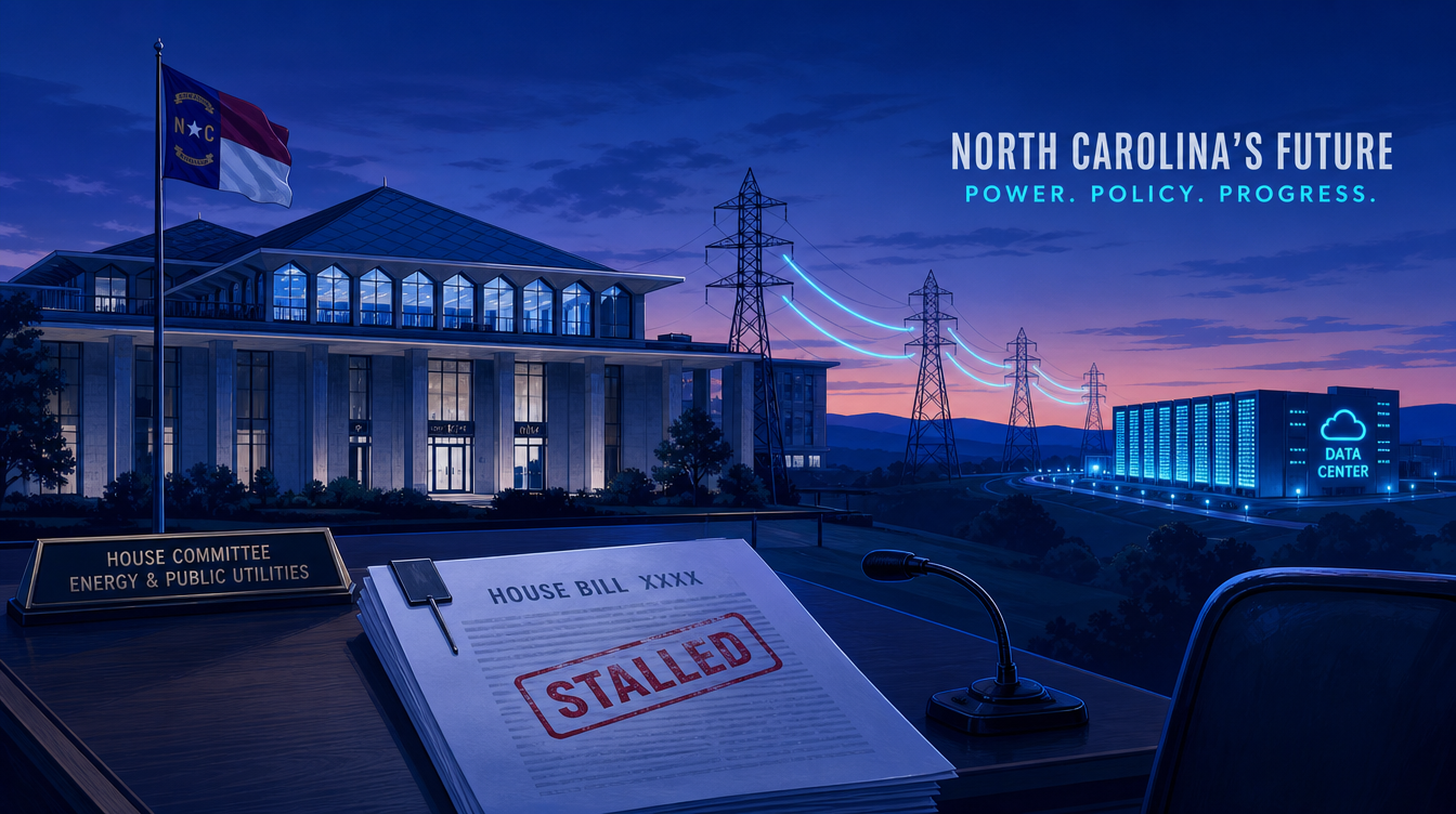 Editorial illustration of the North Carolina legislative building with a stalled bill icon and transmission lines leading to a data center