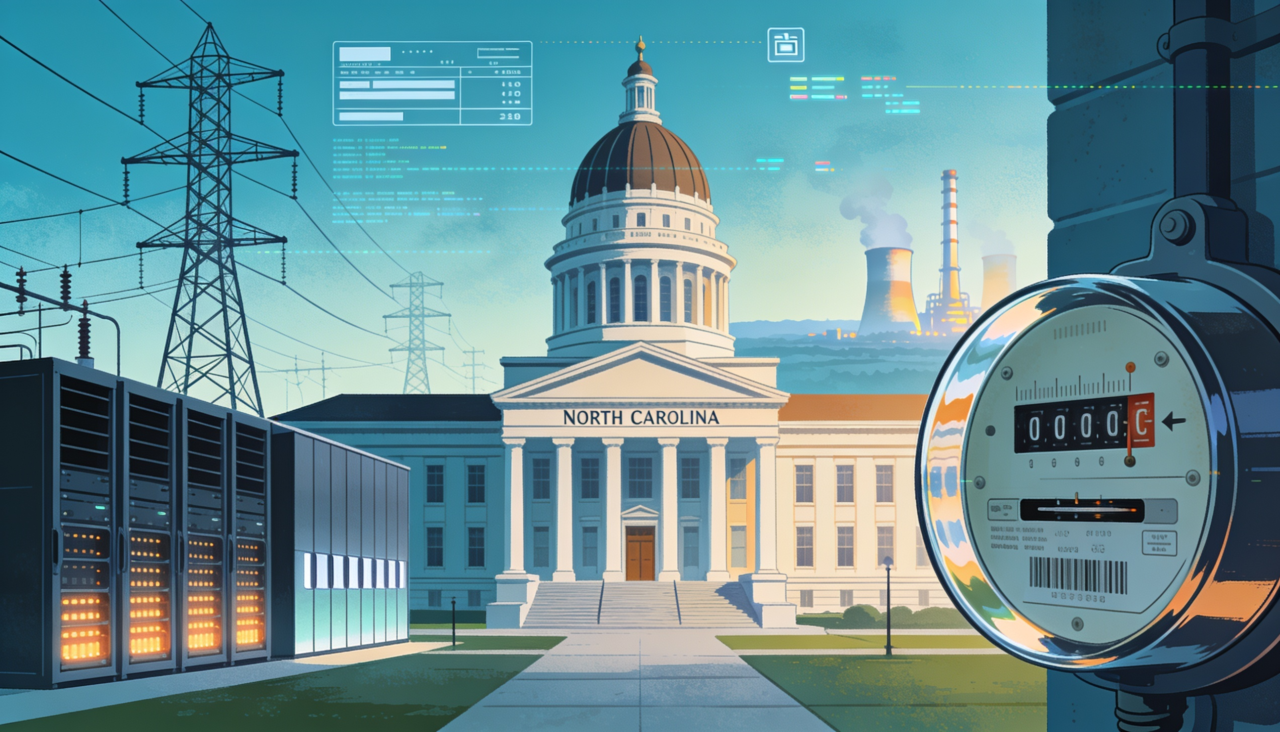 Editorial illustration of the North Carolina legislative building beside transmission lines, a data center, and distant turbines