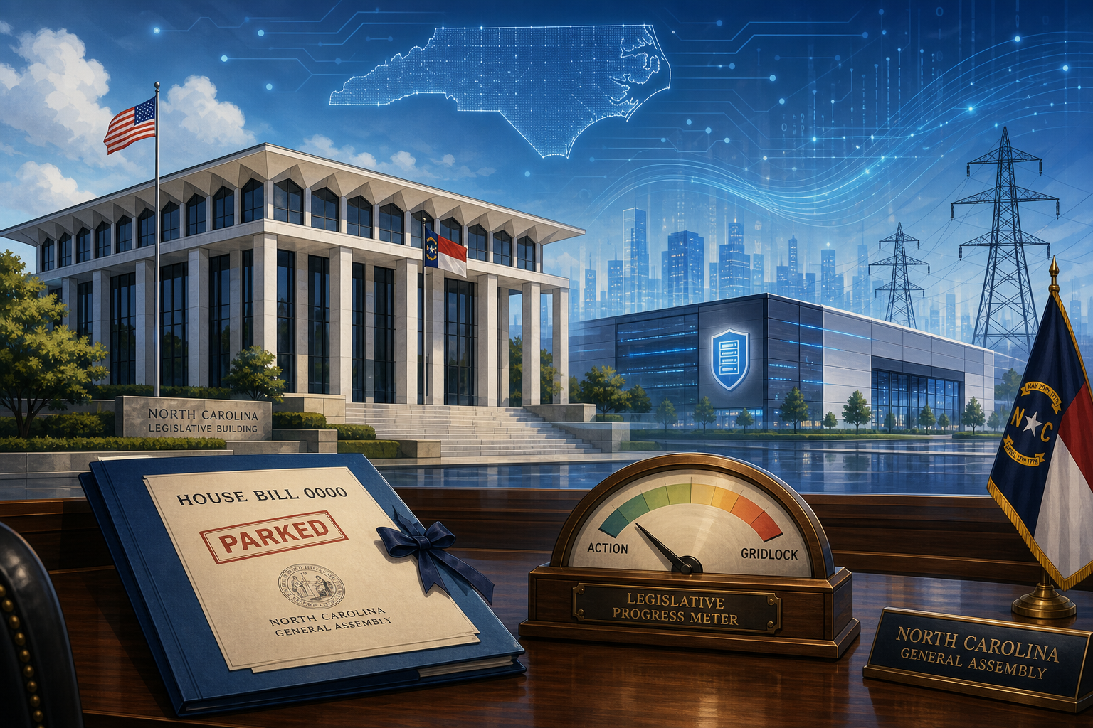 Editorial illustration of the North Carolina legislative building with a stalled bill on a committee desk, transmission towers and a data center in the background