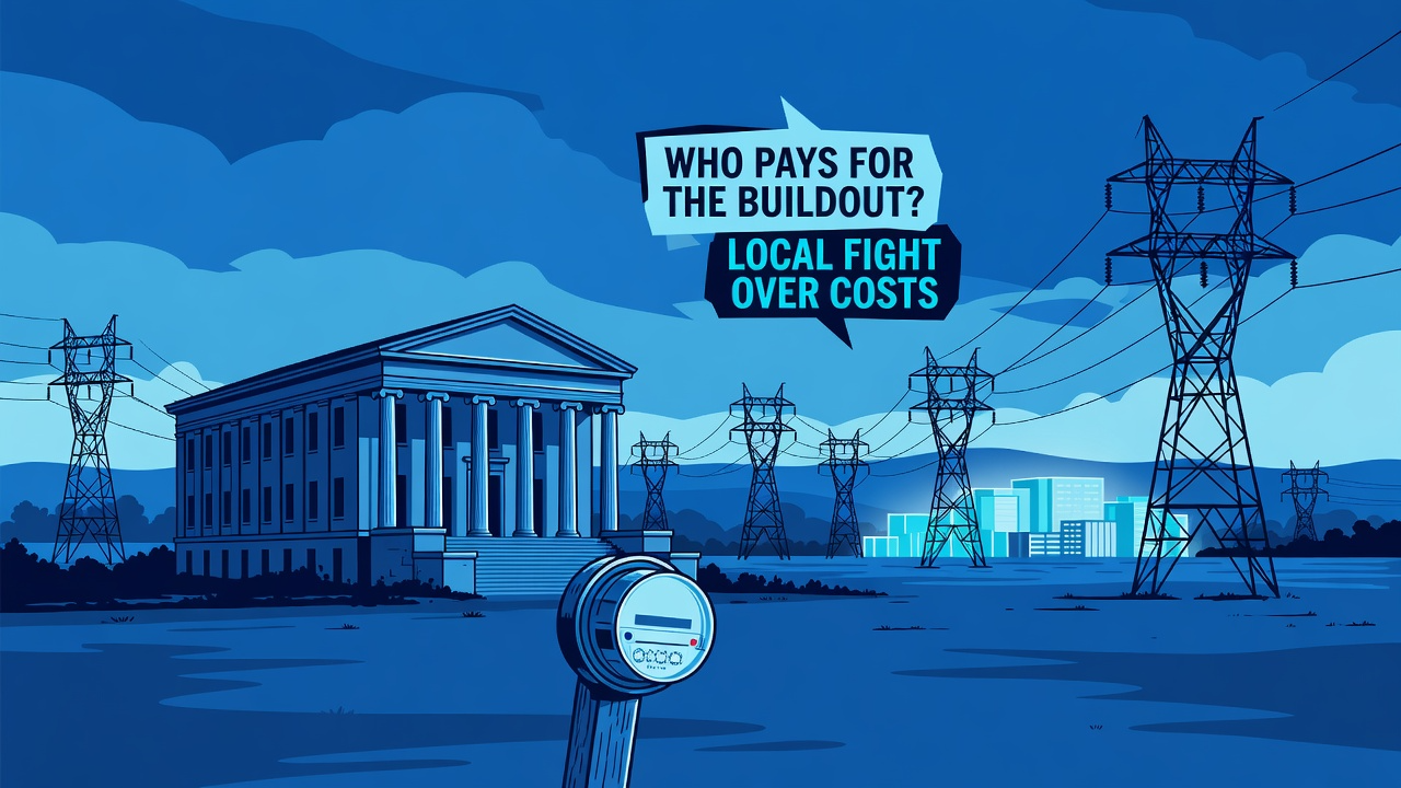 Editorial illustration of a North Carolina capitol dome beside transmission lines and a data center